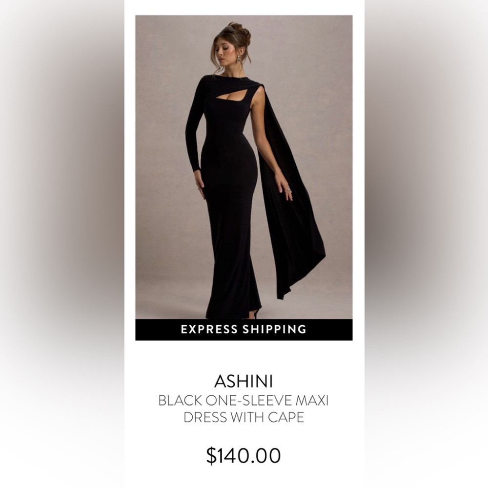 Ashini Black One-Shoulder Maxi Dress with Cape